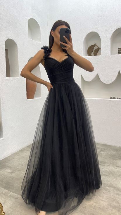 Black Shoulder Tulle Detail Design Dress