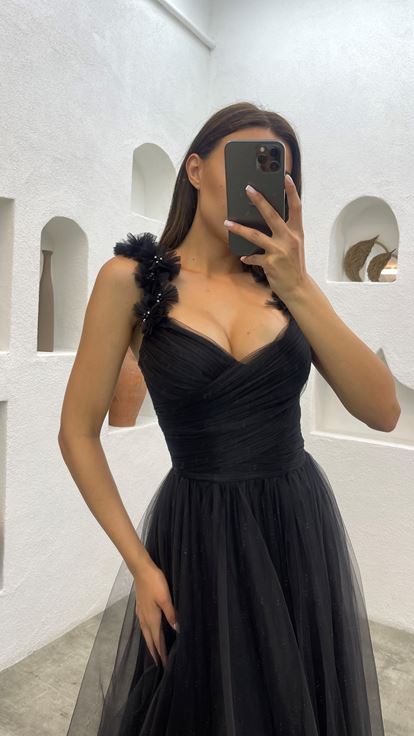 Black Shoulder Tulle Detail Design Dress