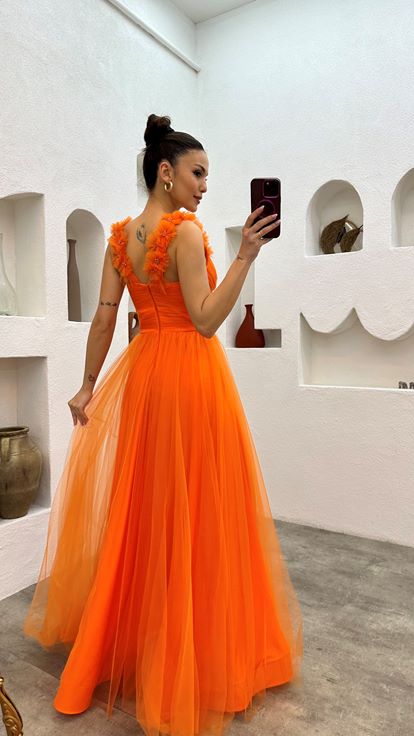Orange Shoulder Tulle Detail Design Dress