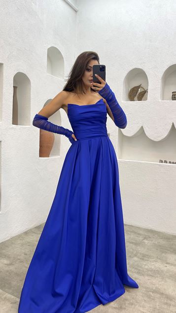 Sax Wire Sleeve Draped Design Dress