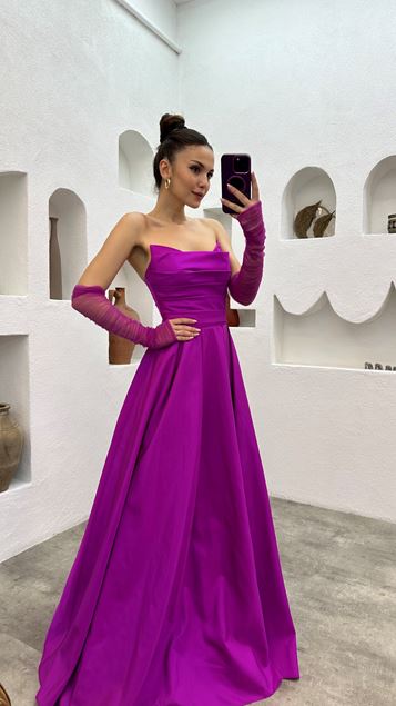 Fuchsia Wire Sleeve Draped Design Dress