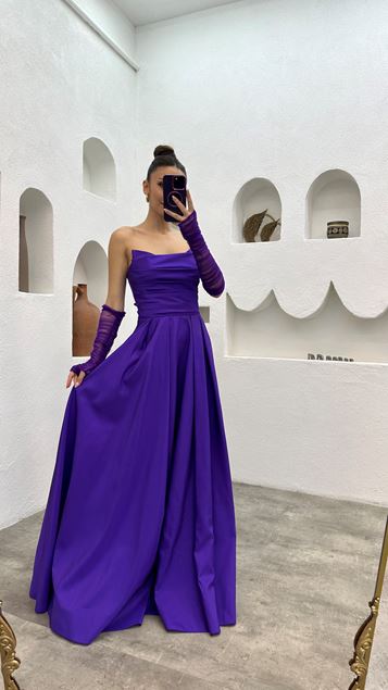 Purple Wire Sleeve Draped Design Dress