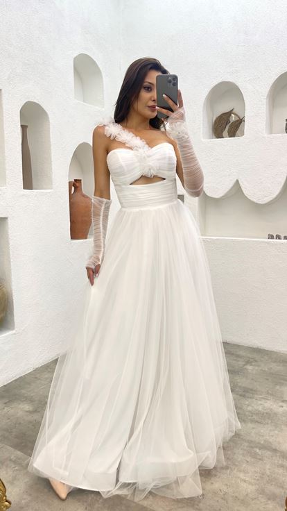 White Single Sleeve Floral Tulle Design Evening Dress