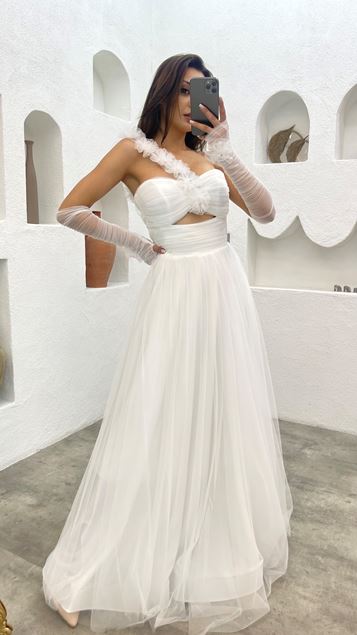 Abito da sera in tulle floreale a maniche singole bianco