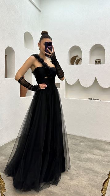 Black One Sleeve Floral Tulle Design Evening Dress