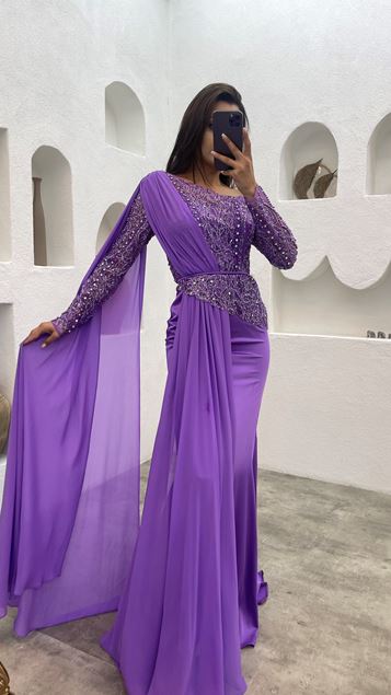 Purple Embroidered Tulle Evening Dress