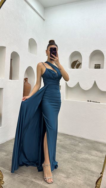 Robe de soirée satinée à manches simples turquoise