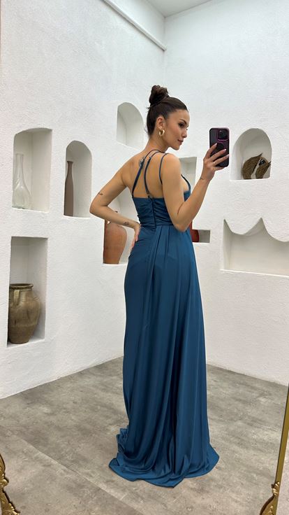 Mint Green Single Sleeve Strap Satin Evening Dress