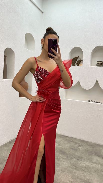 Red Rope Strap Abito da sera ricamato