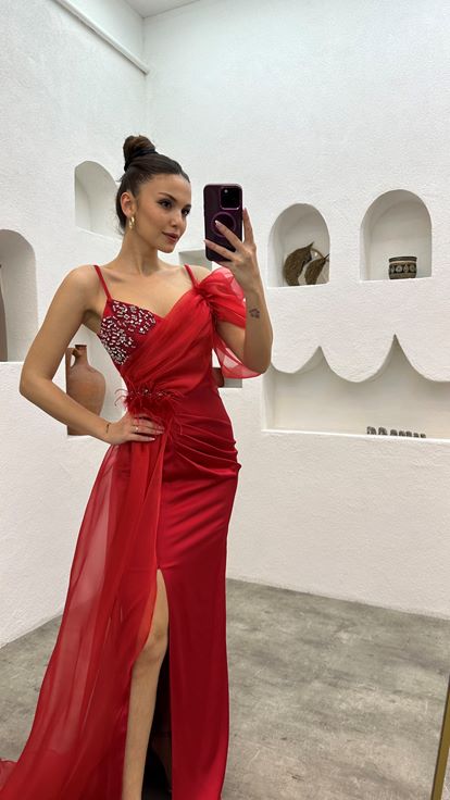 Red Rope Strap Abito da sera ricamato