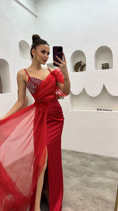 Red Rope Strap Abito da sera ricamato