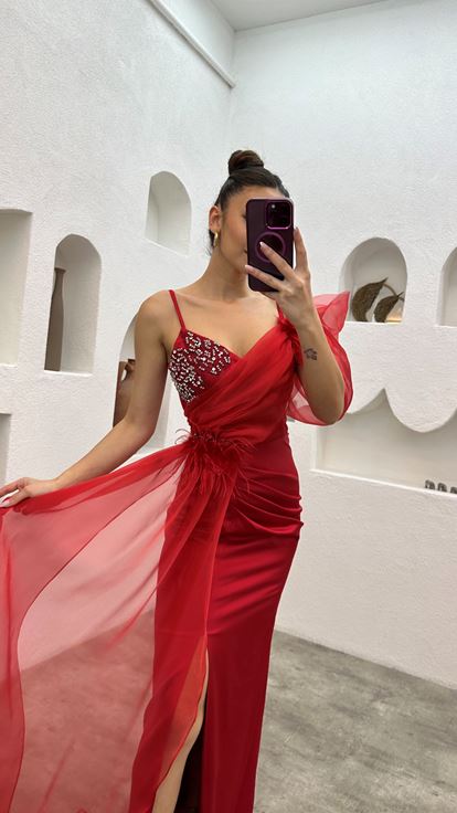 Red Rope Strap Abito da sera ricamato