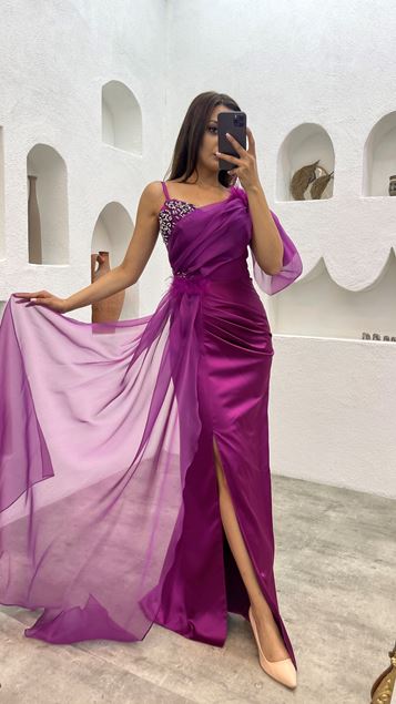 Fucsia Rope Strap Abito da sera ricamato