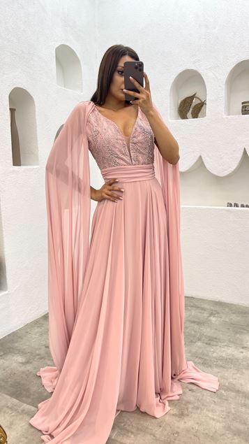 Powder Embroidered Detail Tulle Evening Dress