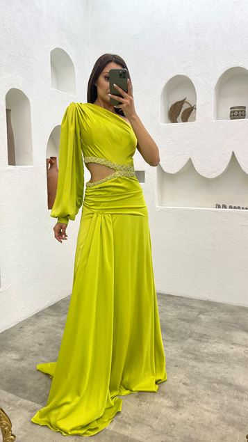 Yellow Single Sleeve Waist Embroidered Satin Evening Dress