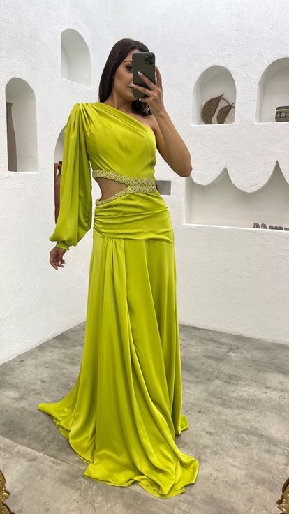Yellow Single Sleeve Waist Embroidered Satin Evening Dress