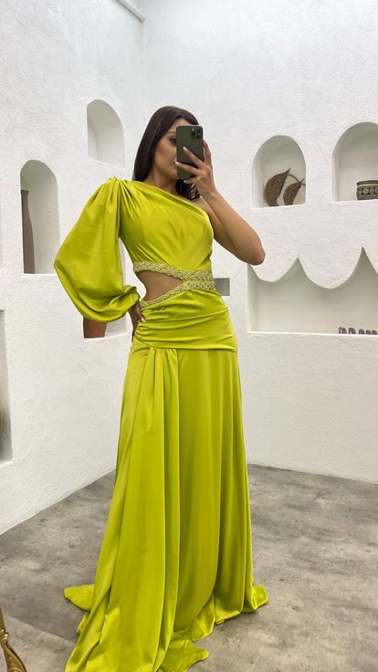 Yellow Single Sleeve Waist Embroidered Satin Evening Dress
