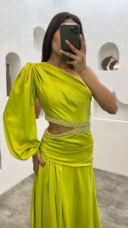 Yellow Single Sleeve Waist Embroidered Satin Evening Dress