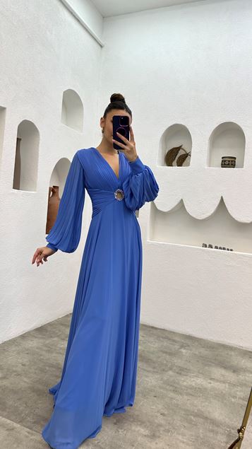 Indigo Bust And Sleeves Frilly Tulle Evening Dress