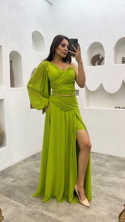 Green One Sleeve Chiffon Evening Dress with Chain Belt