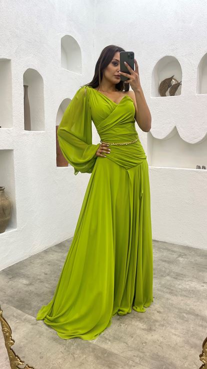 Green One Sleeve Chiffon Evening Dress with Chain Belt