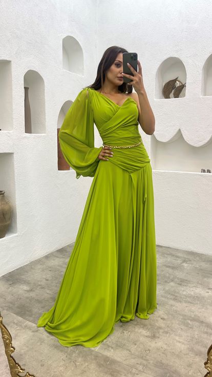 Green One Sleeve Chiffon Evening Dress with Chain Belt