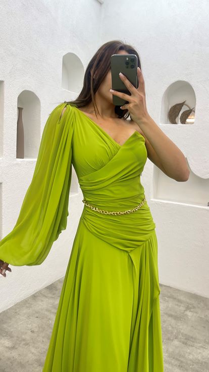 Green One Sleeve Chiffon Evening Dress with Chain Belt