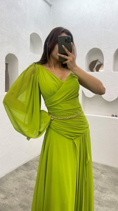 Green One Sleeve Chiffon Evening Dress with Chain Belt