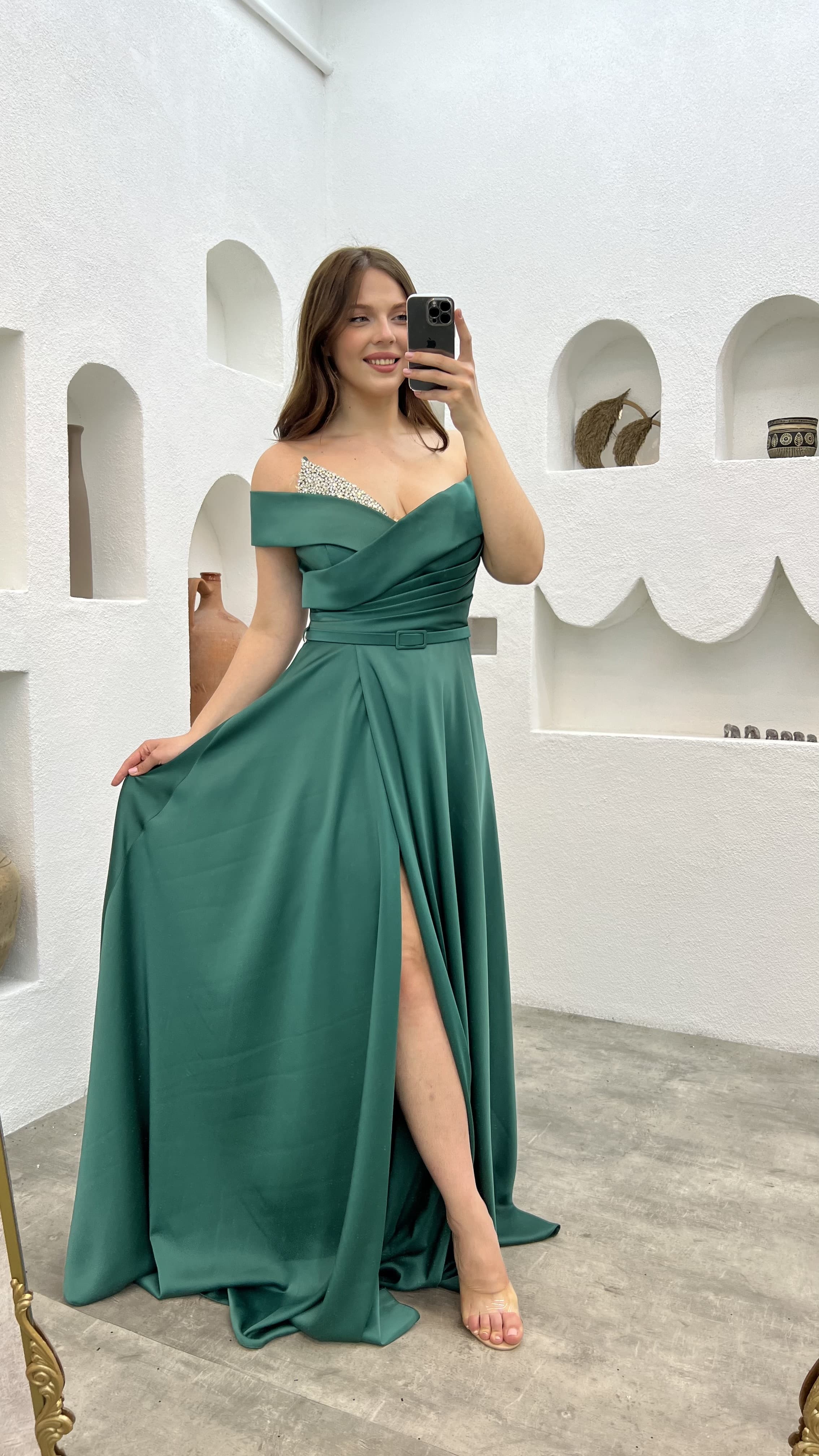 Petrol Green Chest Stone Embroidered Belted Satin Plus Size Evening Dress