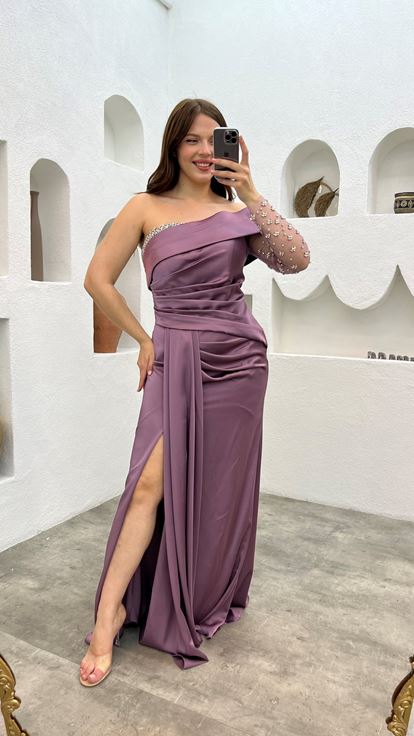 فستان سهرة من الساتان المطرز بلون أرجواني فاتح، بمقاسات كبيرة، بكم واحد