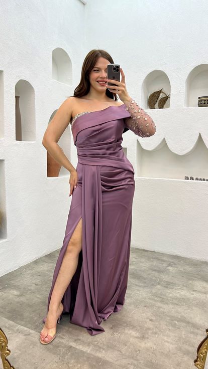 فستان سهرة من الساتان المطرز بلون أرجواني فاتح، بمقاسات كبيرة، بكم واحد