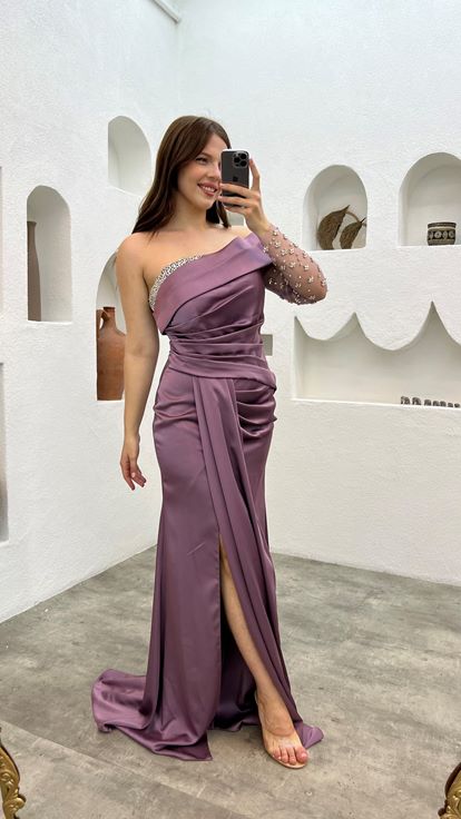 فستان سهرة من الساتان المطرز بلون أرجواني فاتح، بمقاسات كبيرة، بكم واحد