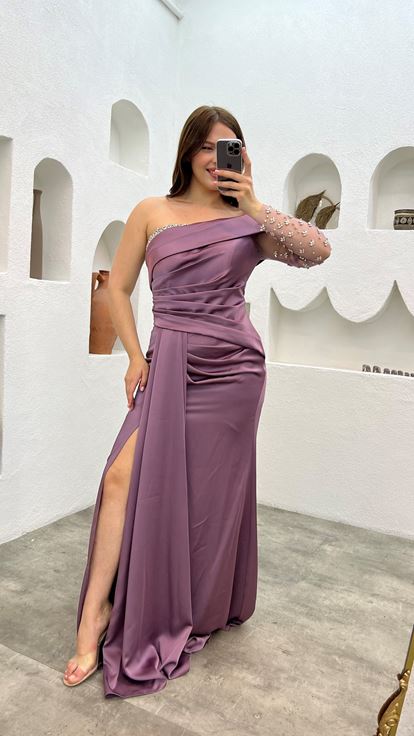 فستان سهرة من الساتان المطرز بلون أرجواني فاتح، بمقاسات كبيرة، بكم واحد