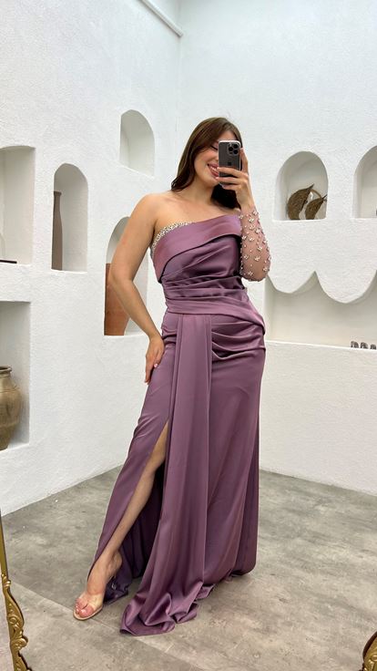 فستان سهرة من الساتان المطرز بلون أرجواني فاتح، بمقاسات كبيرة، بكم واحد