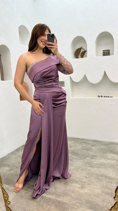 فستان سهرة من الساتان المطرز بلون أرجواني فاتح، بمقاسات كبيرة، بكم واحد