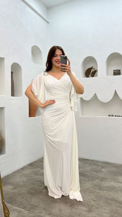 White Plus Size Evening Dress With Embroidered Shoulder And Waist Ruffles