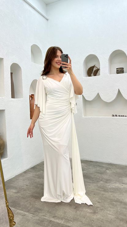 White Plus Size Evening Dress With Embroidered Shoulder And Waist Ruffles