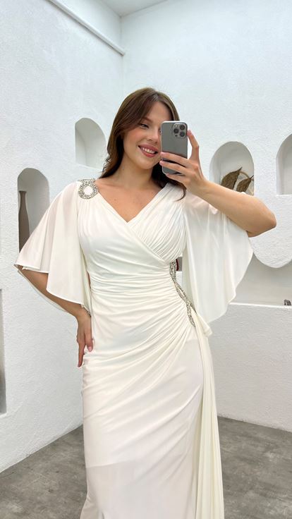 White Plus Size Evening Dress With Embroidered Shoulder And Waist Ruffles