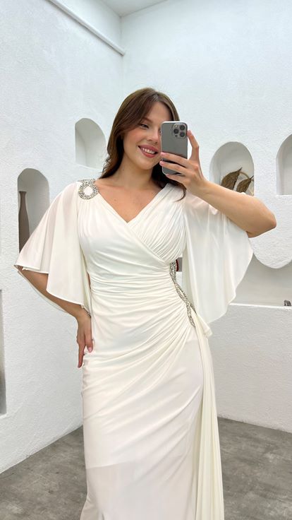 White Plus Size Evening Dress With Embroidered Shoulder And Waist Ruffles