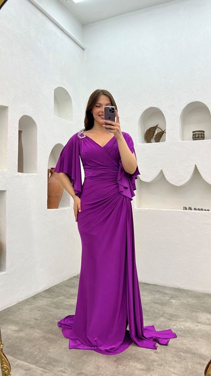 Purple Shoulder And Waist Embroidered Flounce Plus Size Evening Dress