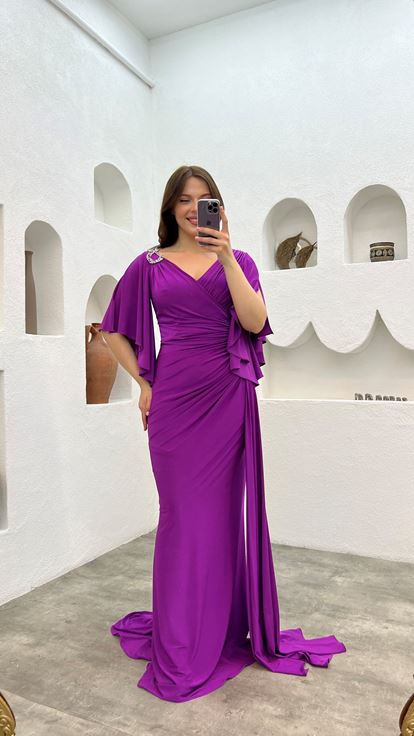 Purple Shoulder And Waist Embroidered Flounce Plus Size Evening Dress
