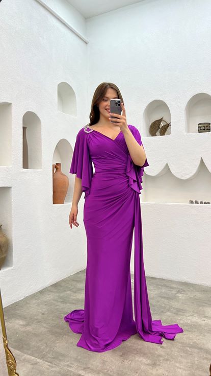 Purple Shoulder And Waist Embroidered Flounce Plus Size Evening Dress