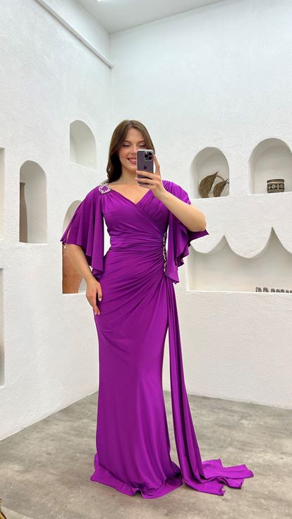 Purple Shoulder And Waist Embroidered Flounce Plus Size Evening Dress
