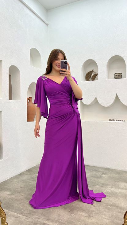 Purple Shoulder And Waist Embroidered Flounce Plus Size Evening Dress