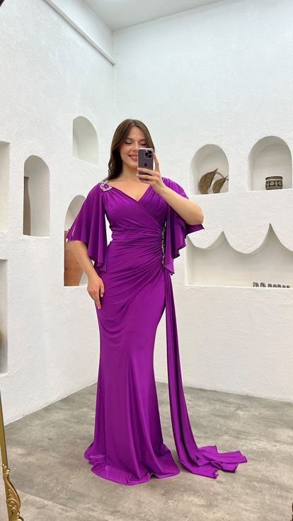 Purple Shoulder And Waist Embroidered Flounce Plus Size Evening Dress