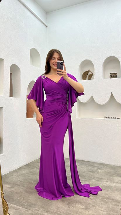 Purple Shoulder And Waist Embroidered Flounce Plus Size Evening Dress