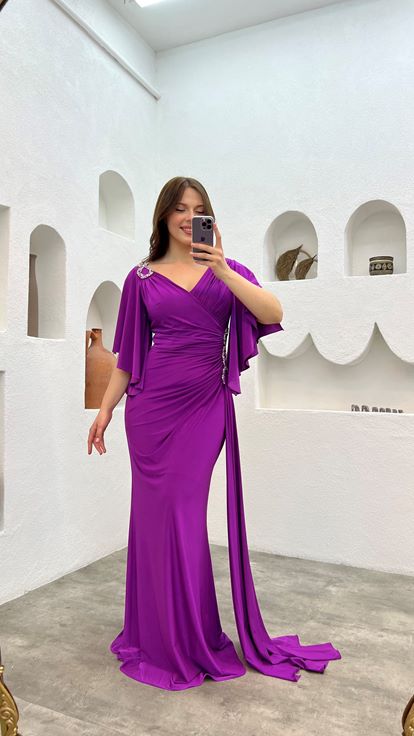 Purple Shoulder And Waist Embroidered Flounce Plus Size Evening Dress