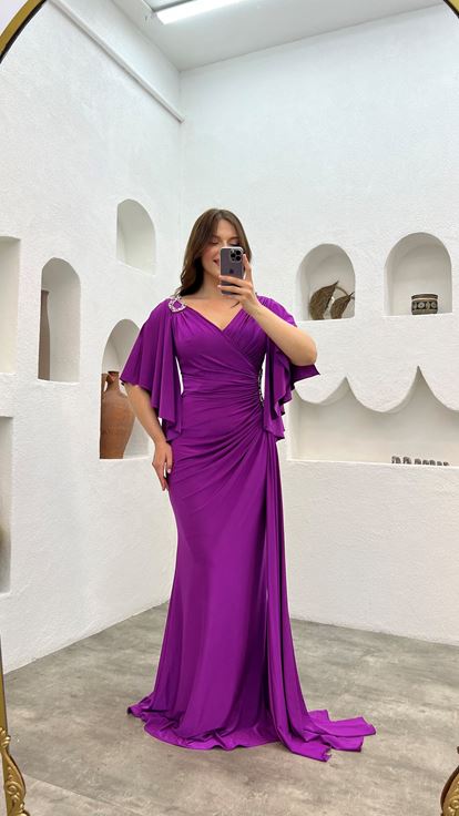 Purple Shoulder And Waist Embroidered Flounce Plus Size Evening Dress