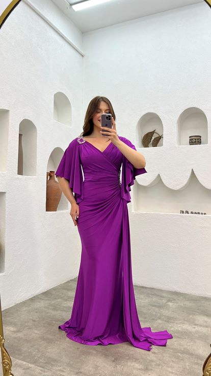 Purple Shoulder And Waist Embroidered Flounce Plus Size Evening Dress