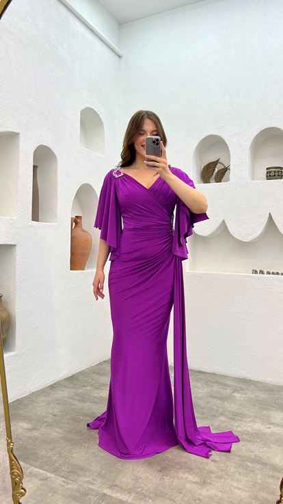 Purple Shoulder And Waist Embroidered Flounce Plus Size Evening Dress